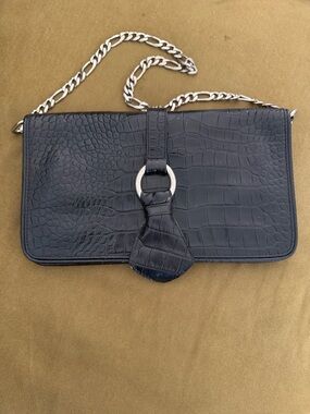 Authentic Dolce & Gabbana Black Croc-Embossed Leather Chain Shoulder Clutch